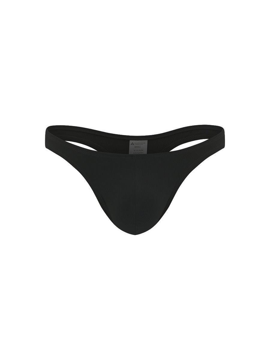 Front view of a black men's thong on a white background.
