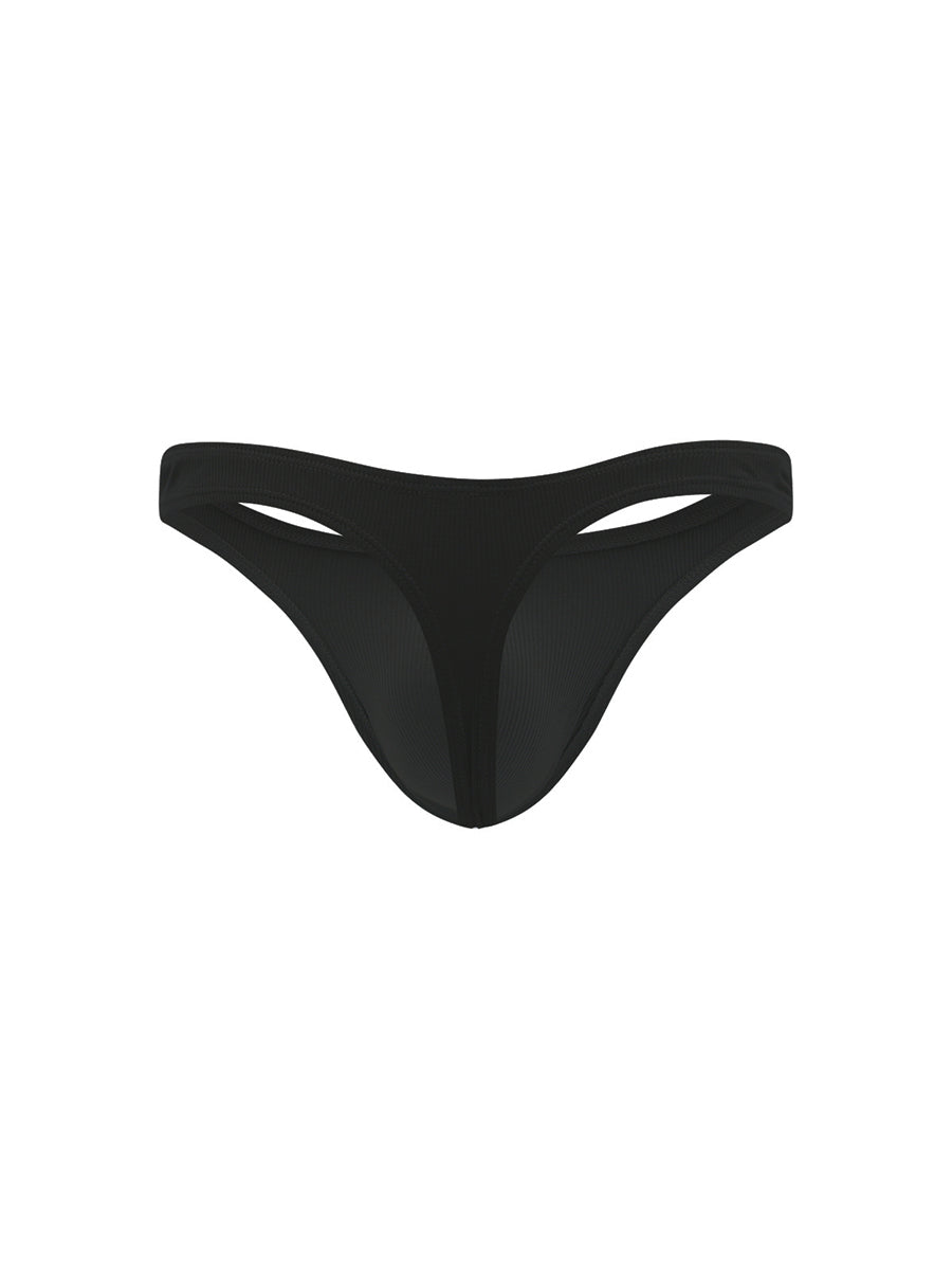 Back view of a black men's thong on a white background.