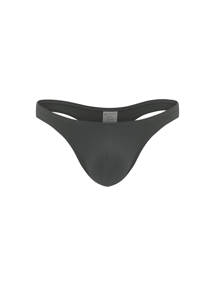 Front view of a dark grey men's thong on a white background.