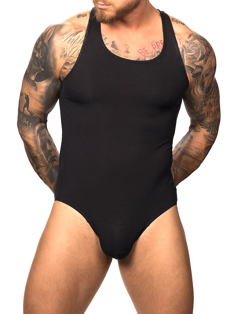 Front view of a male model wearing a black Body Aware tank style bodysuit with brief back