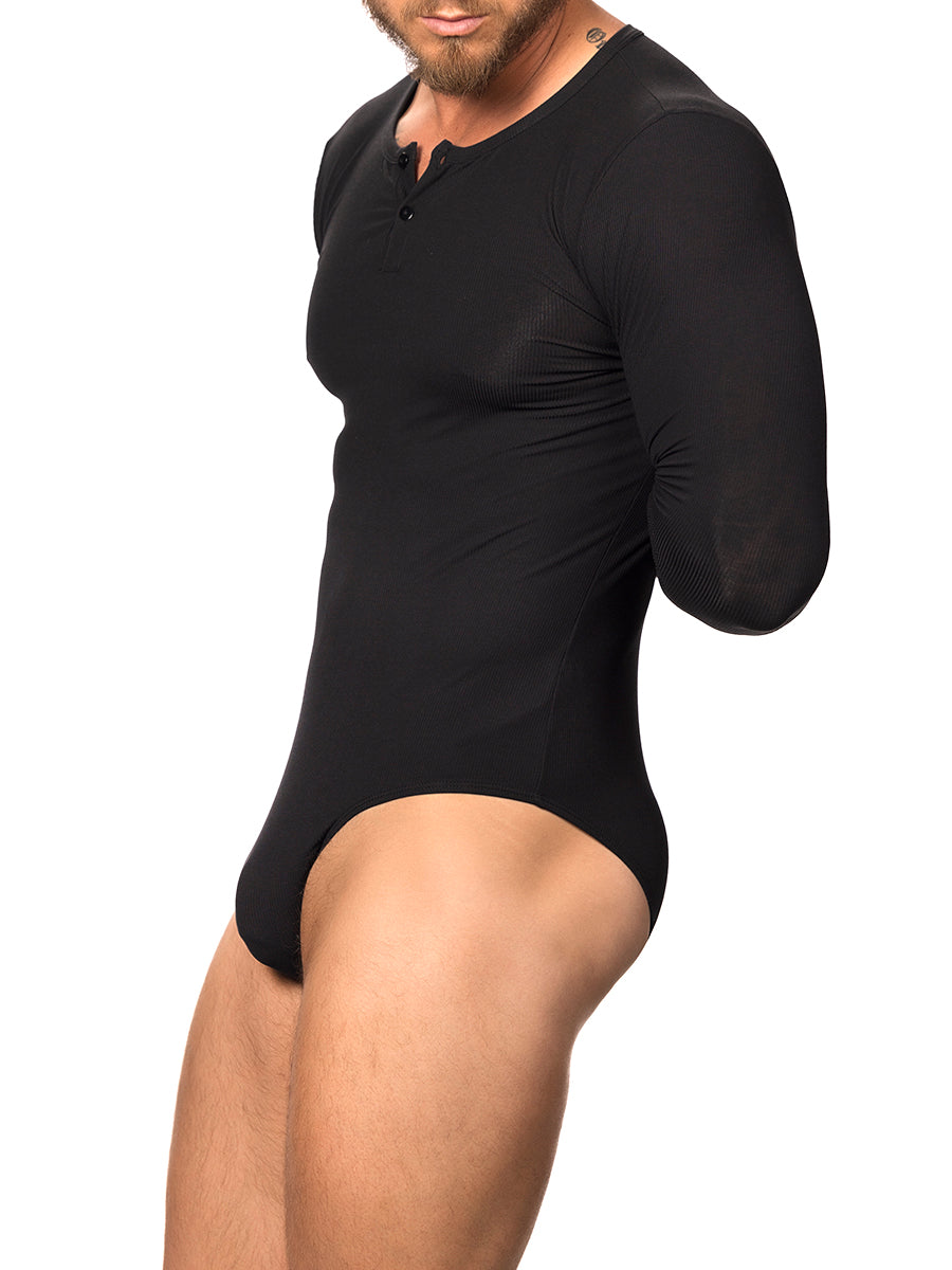 Side view of a male model wearing a black Body Aware long-sleeve bodysuit with brief back