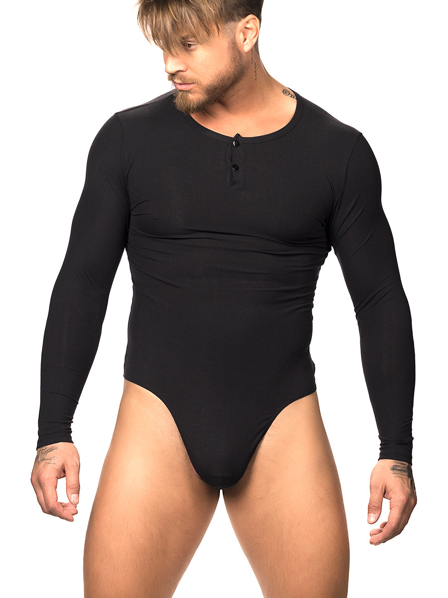 Front view of a male model wearing a black Body Aware long-sleeve bodysuit with thong back