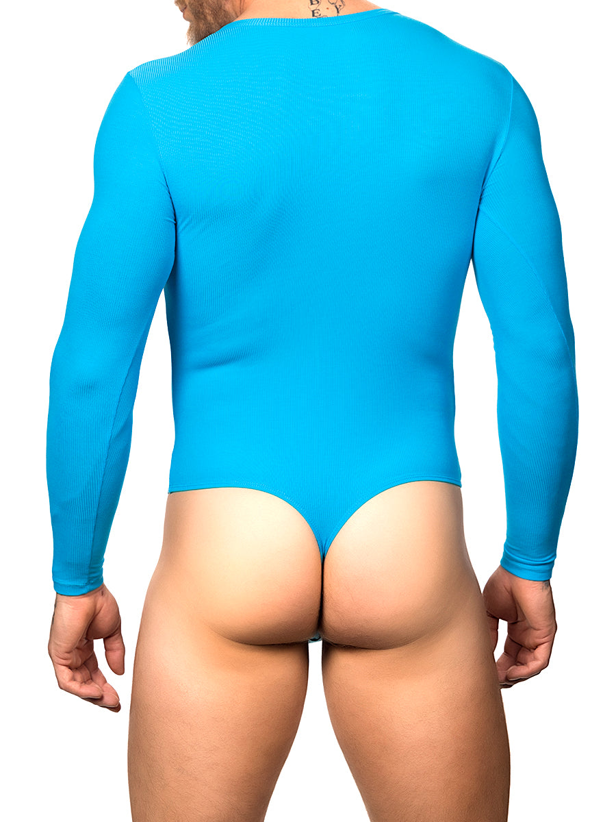 Back view of a male model wearing a turquoise Body Aware long-sleeve bodysuit with thong back