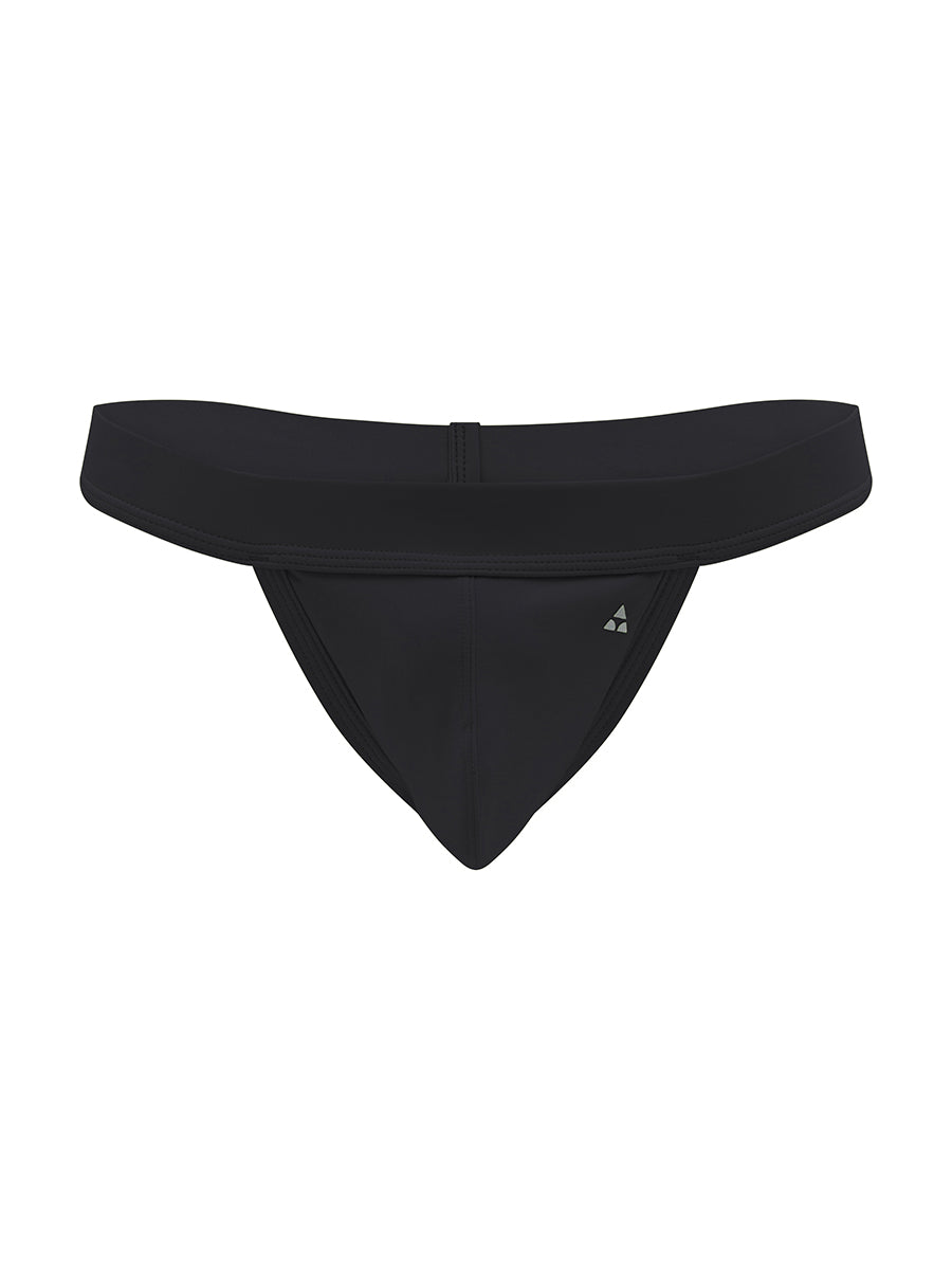 Front view of a black swim thong with the Body Aware brand logo.