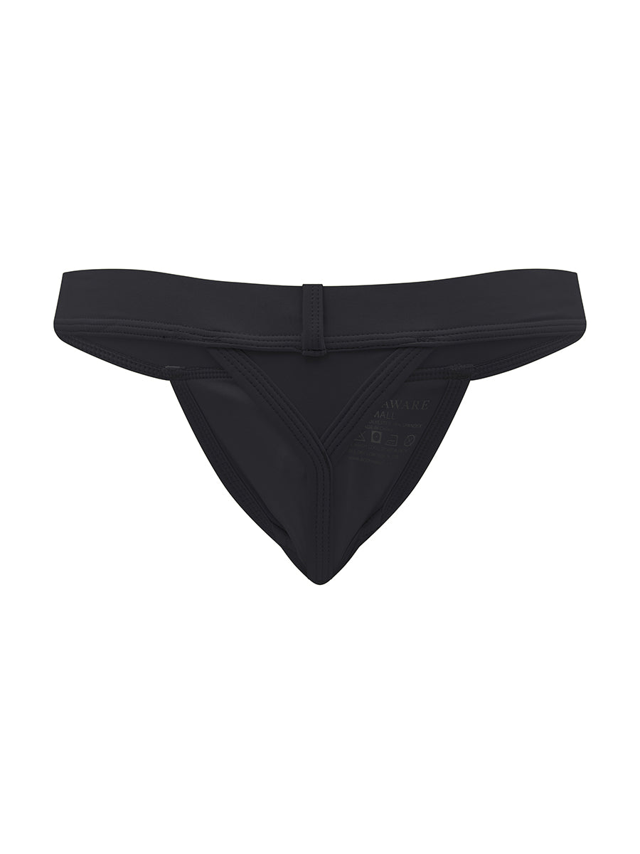 Back view of a black swim thong with the Body Aware brand logo.