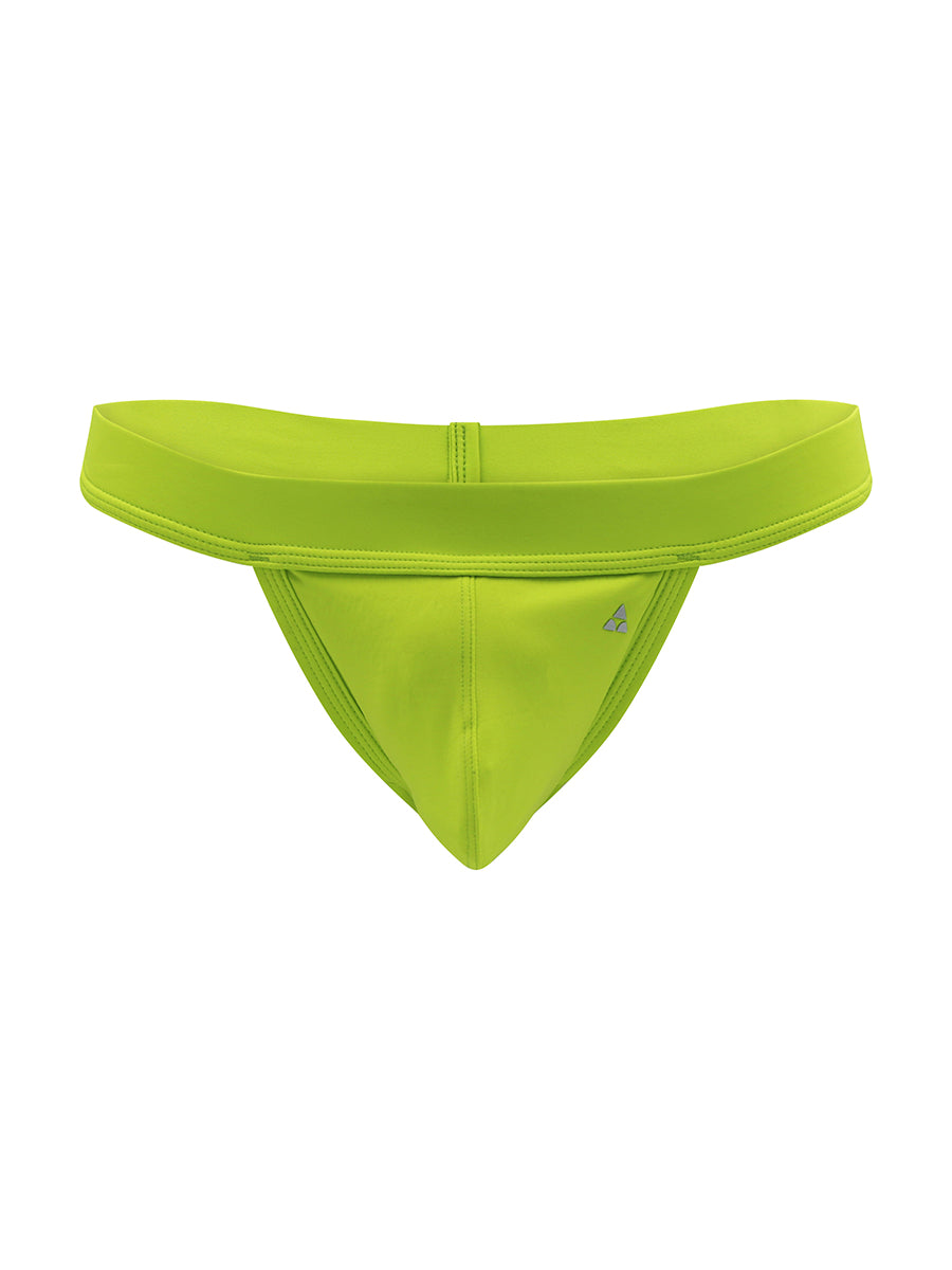 Front view of a lime green Body Aware swim thong on a white background.