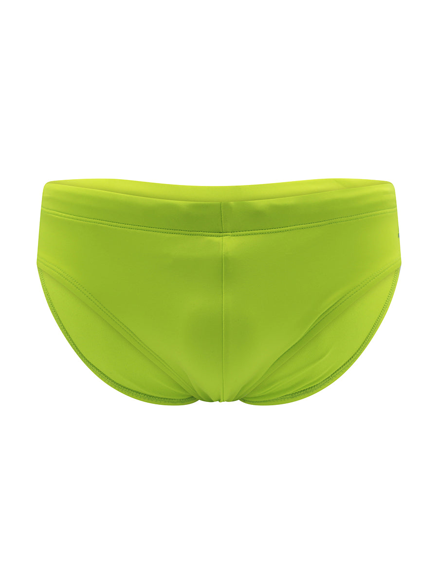 Front view of a pair of Body Aware lime green mens swim briefs.