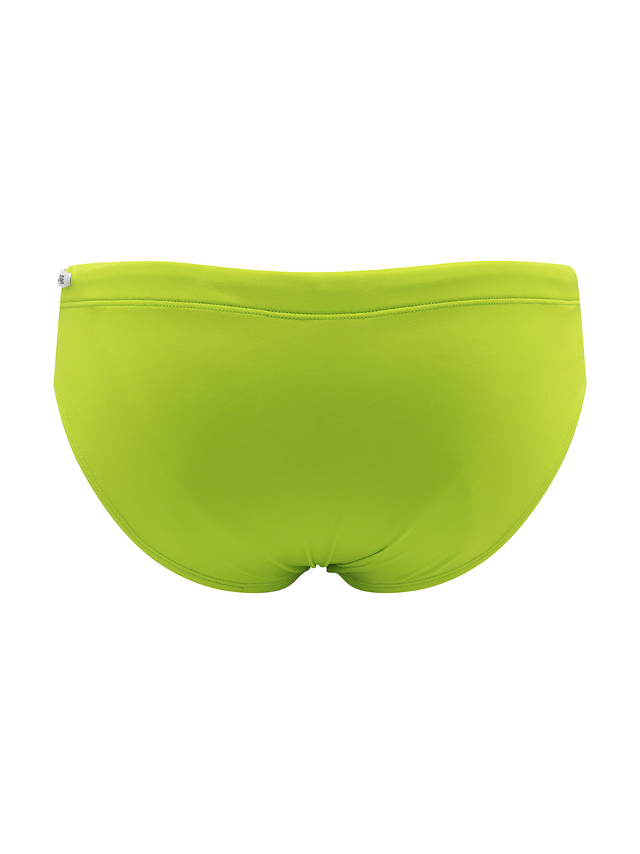 Back view of a pair of Body Aware lime green mens swim briefs.