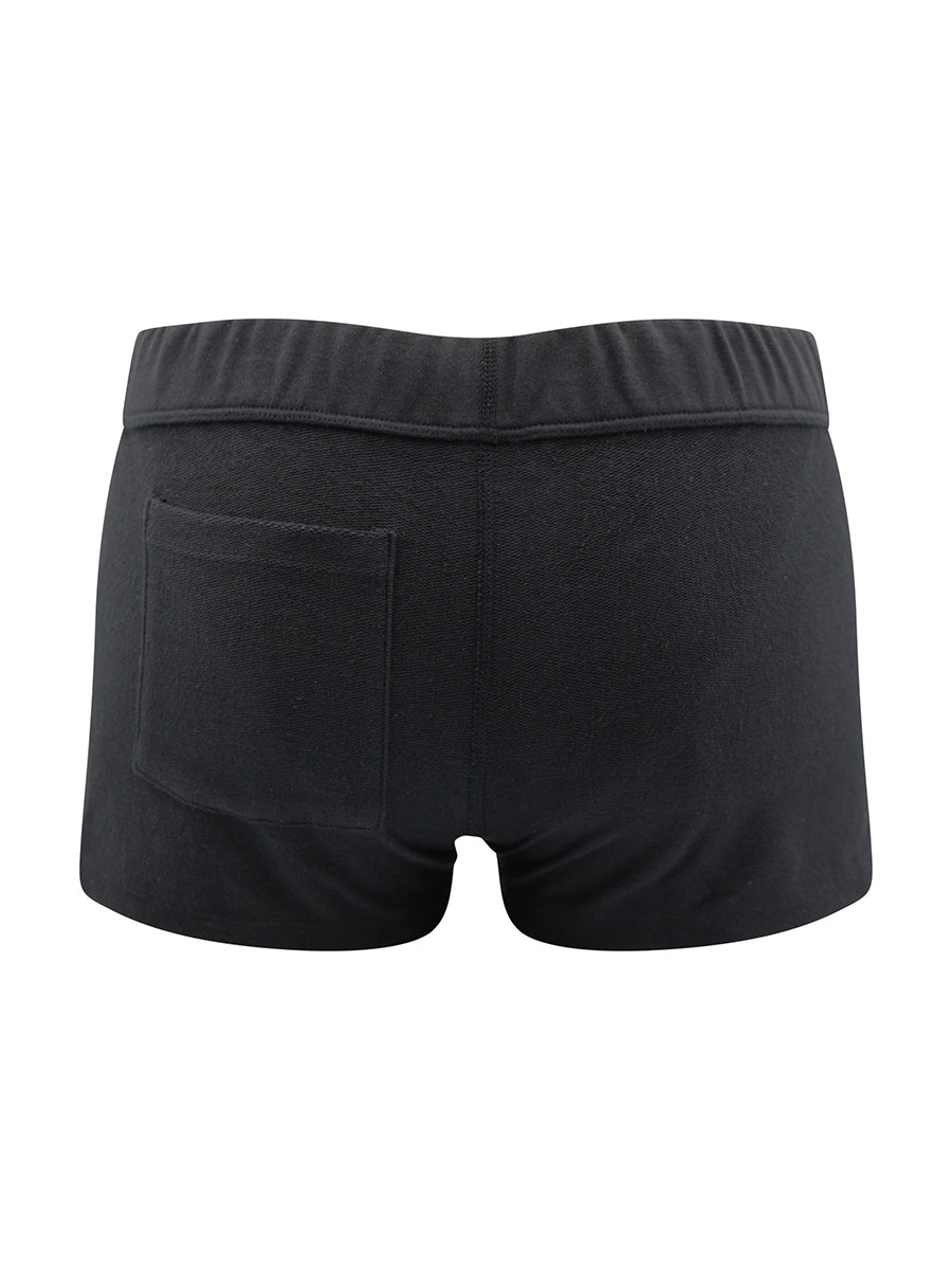 Back view of black boxer shorts with back pocket on a white background.