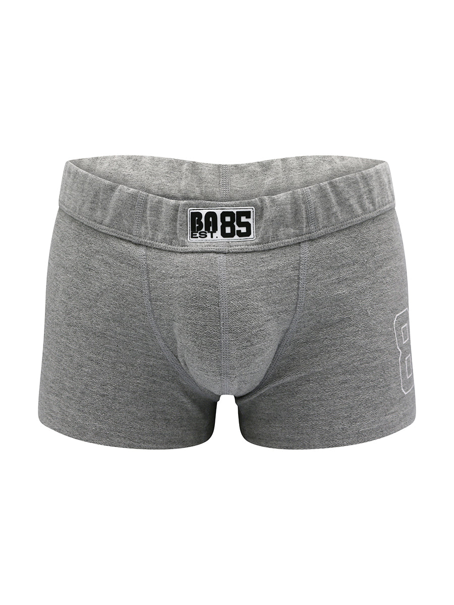 Grey booty shorts with a Body Aware branded waistband on a white background.