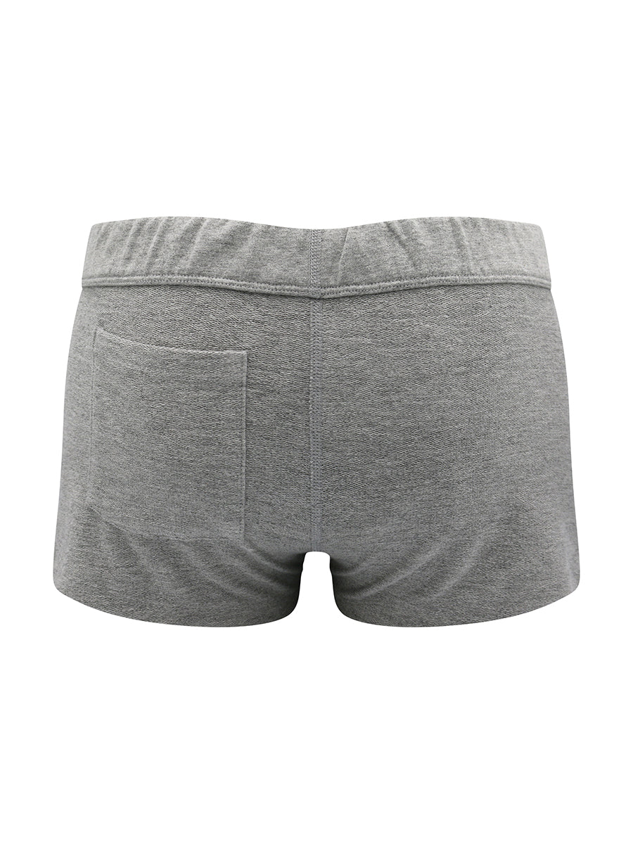 Back view of grey booty shorts with back pocket on a white background.