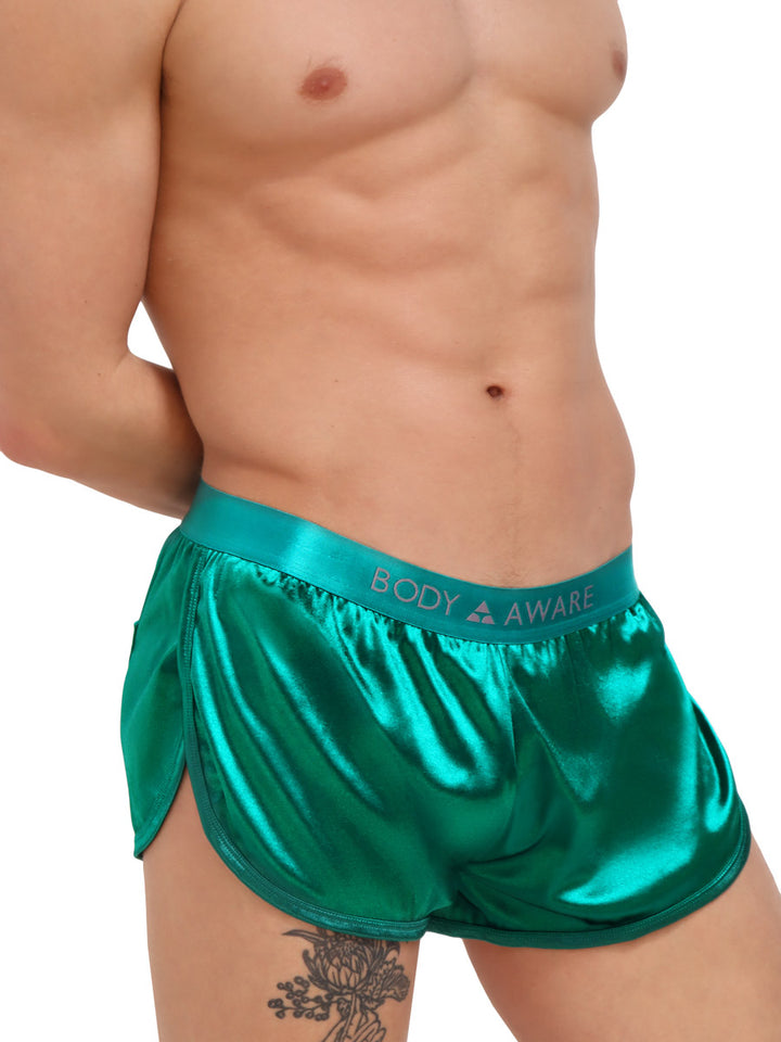 men's green satin track shorts - Body Aware UK