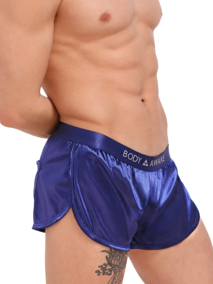 men's navy blue satin track shorts - Body Aware UK