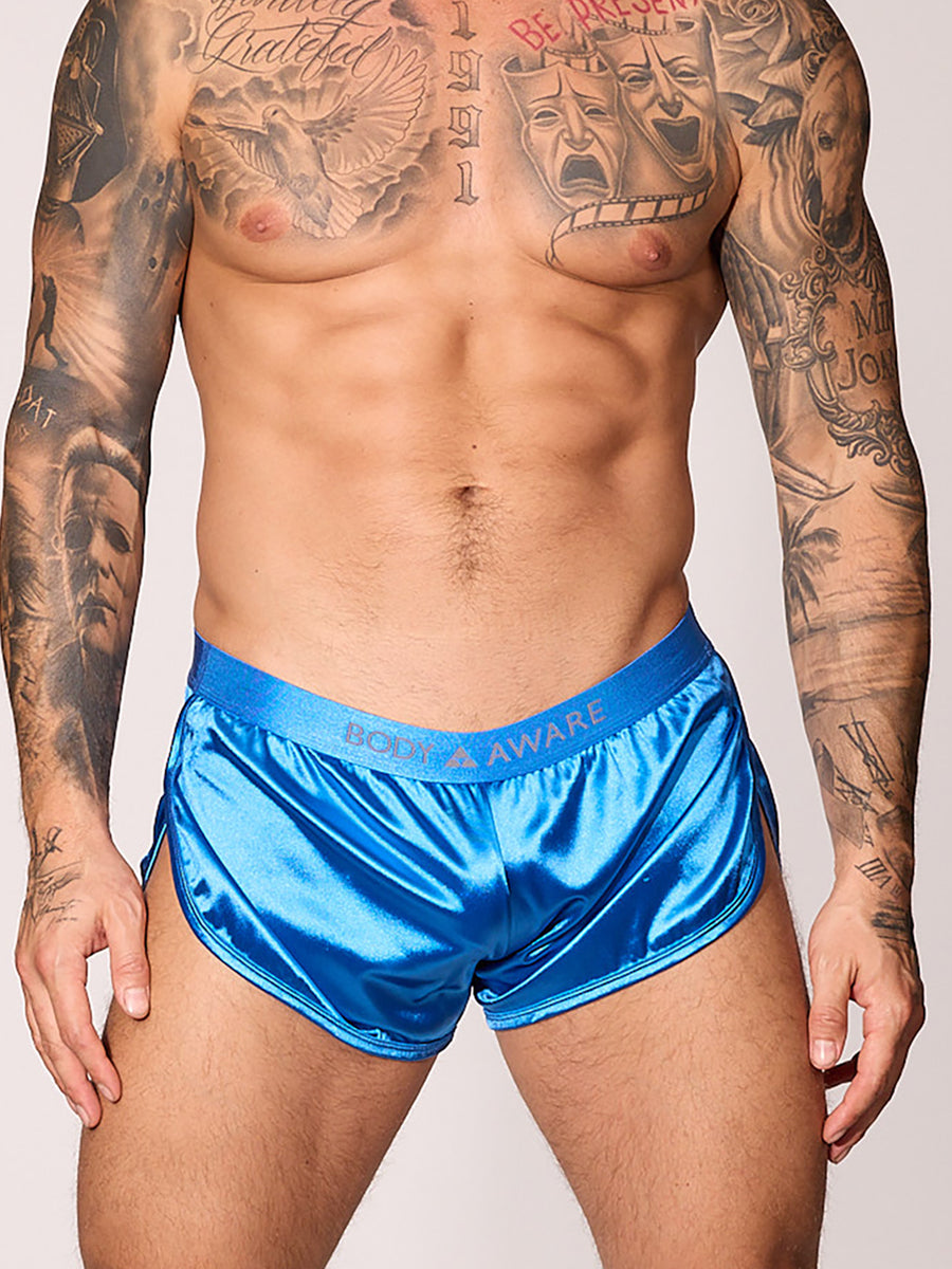 men's blue satin track shorts - Body Aware UK
