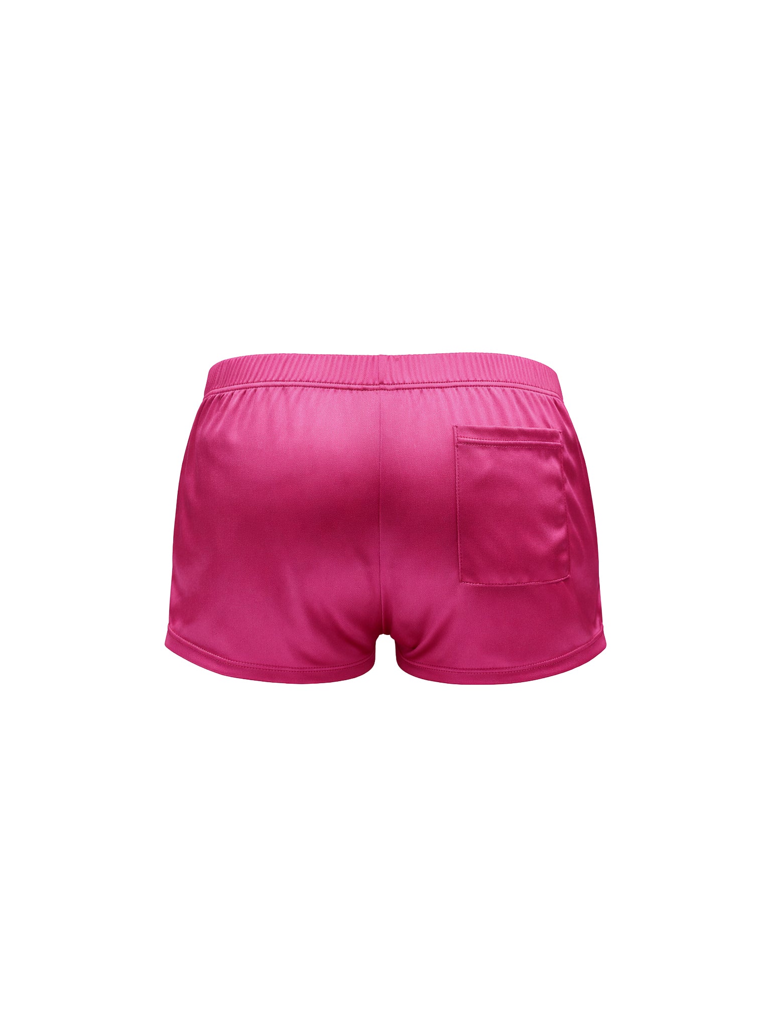 Bright pink athletic shorts with a back pocket, shown from the back on a plain white background.