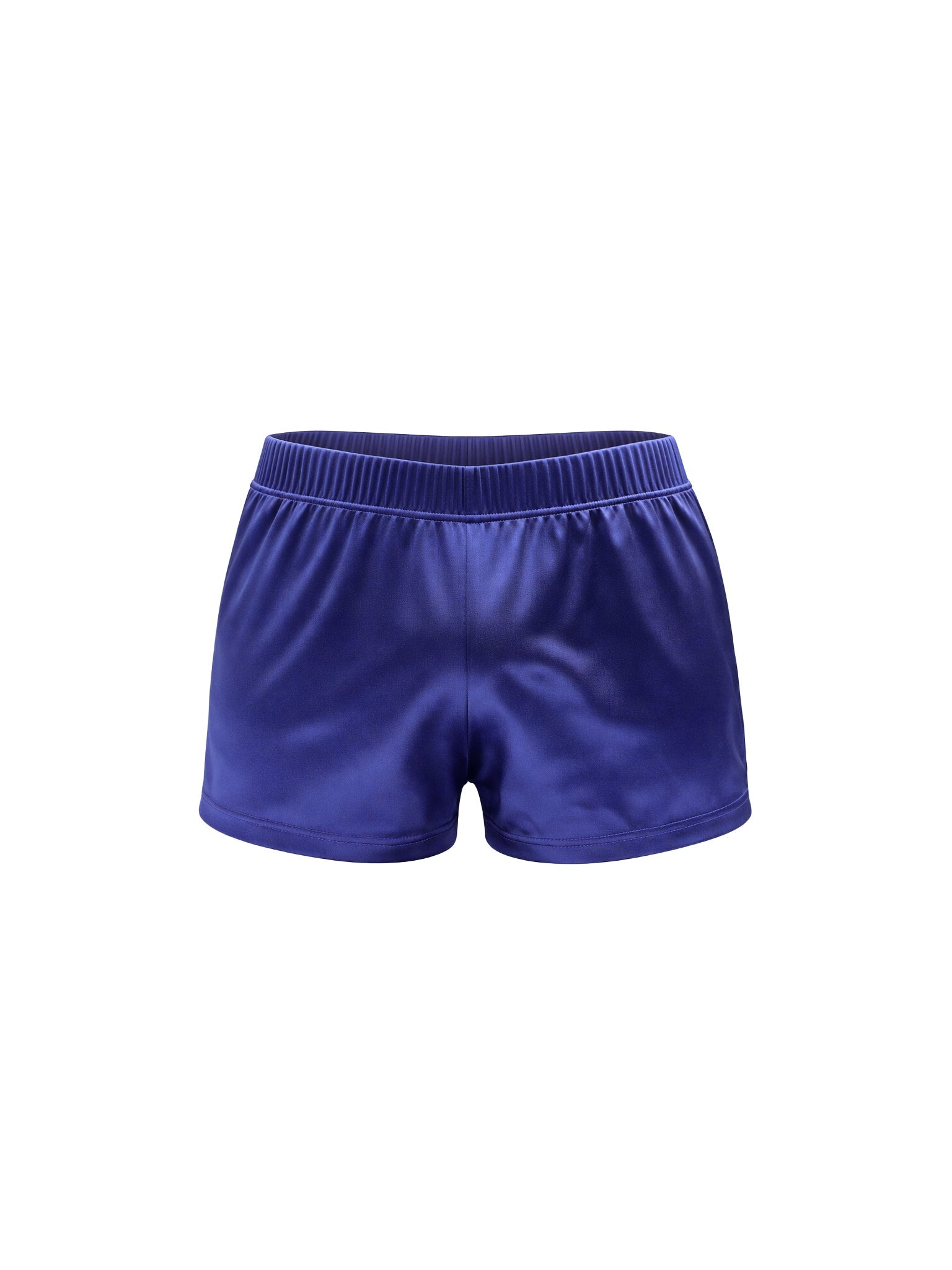 A pair of navy blue satin shorts, shown against a plain white background.