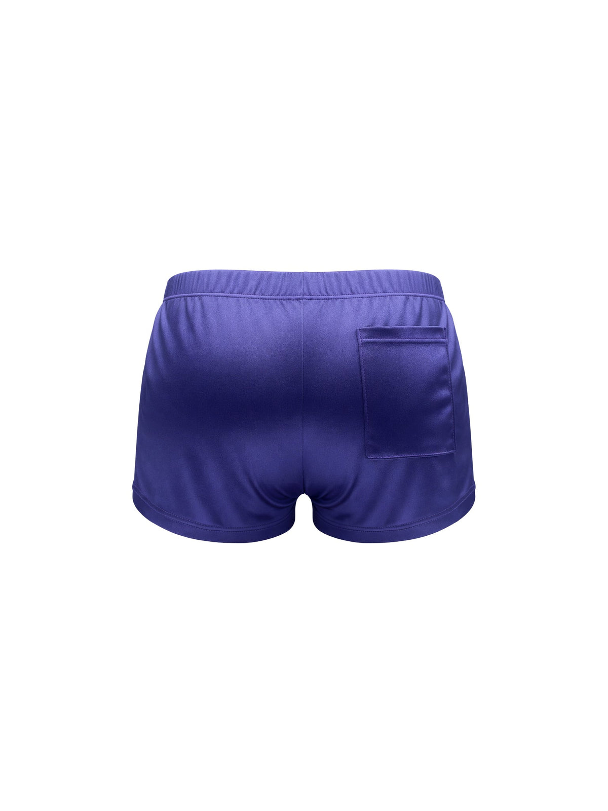 A pair of navy blue satin shorts, set against a plain white background.