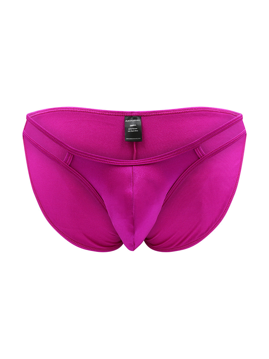 Front view of a pink men's satin bikini brief on a white background.
