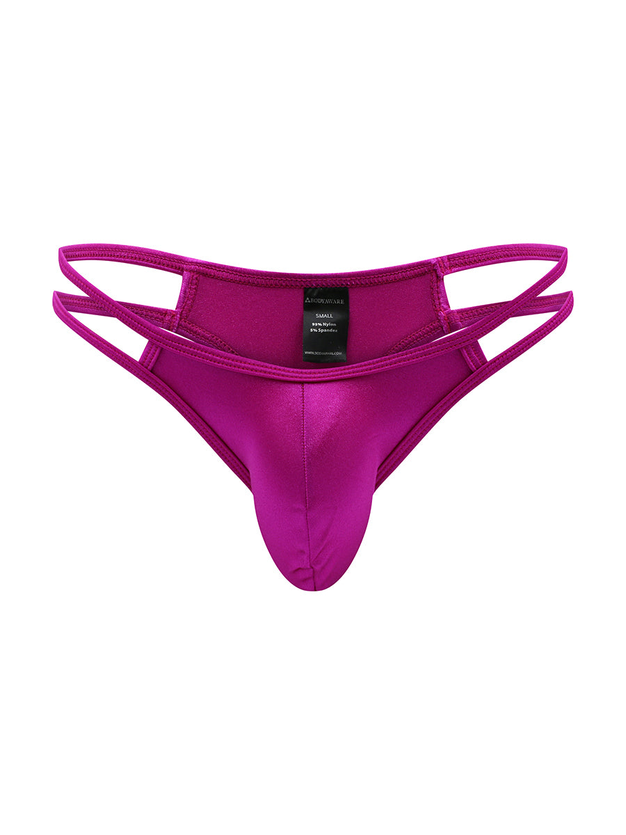 Front view of a pink satin thong for men on a white background.