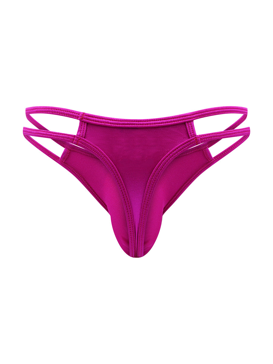 Back view of a pink satin thong for men on a white background.