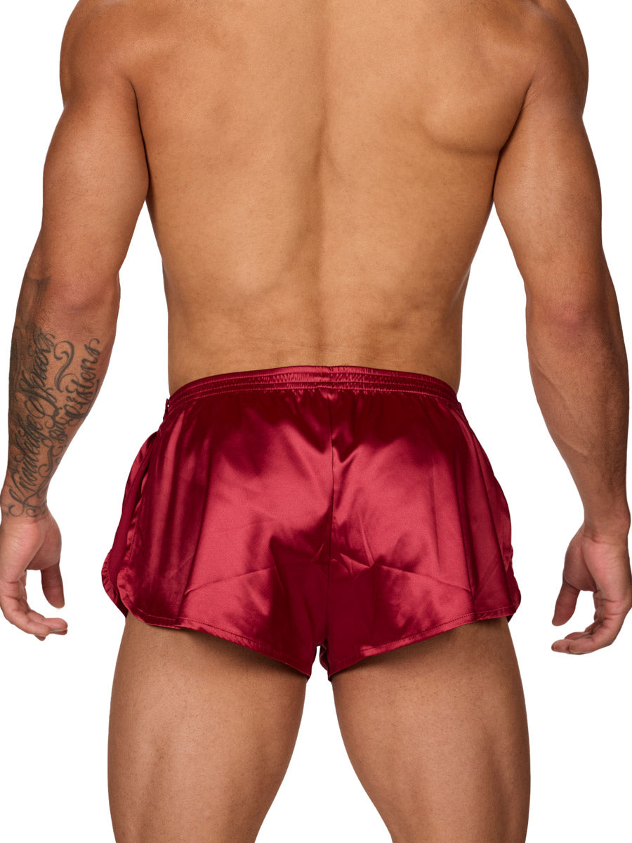 Back view of a male model wearing Body Aware red men's tear away shorts