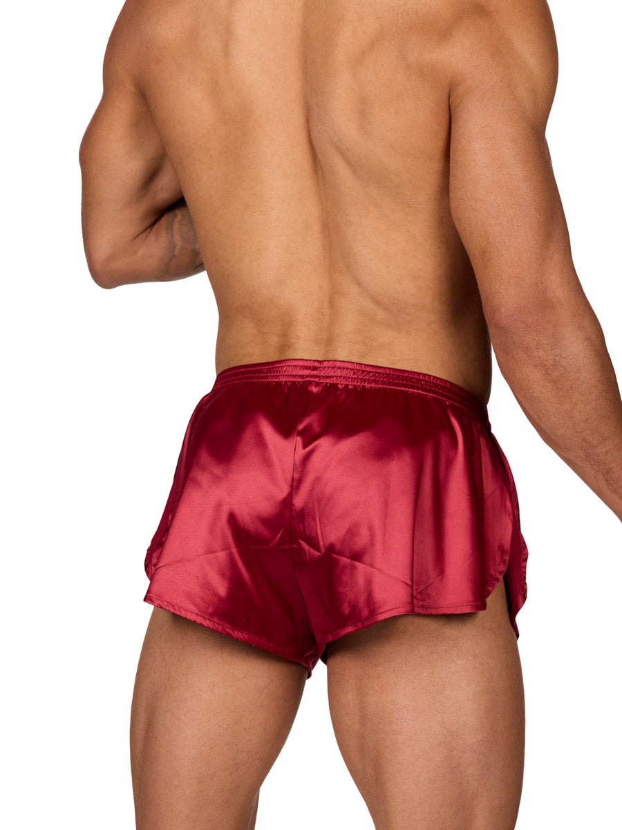 Back view of a male model wearing Body Aware red men's tear away shorts