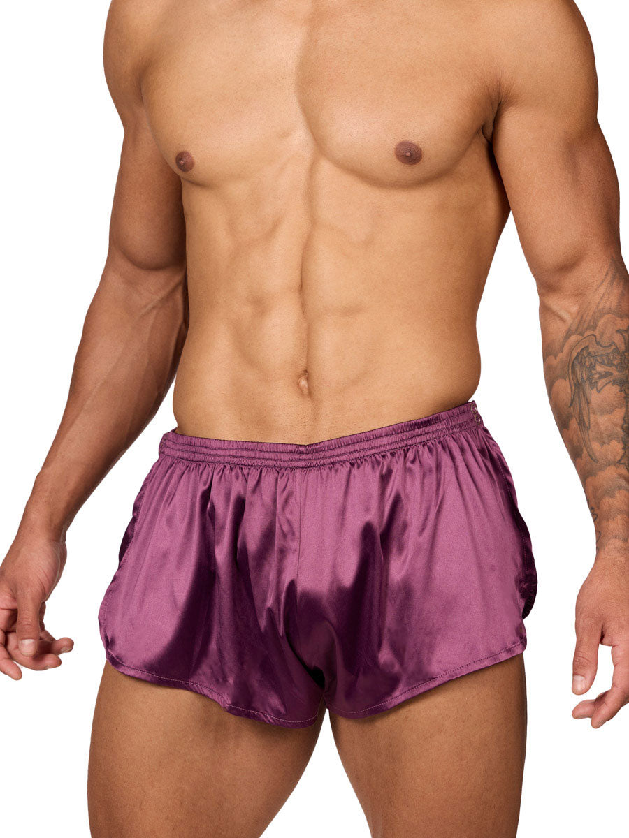 Front view of a male model wearing Body Aware purple men's tear away shorts