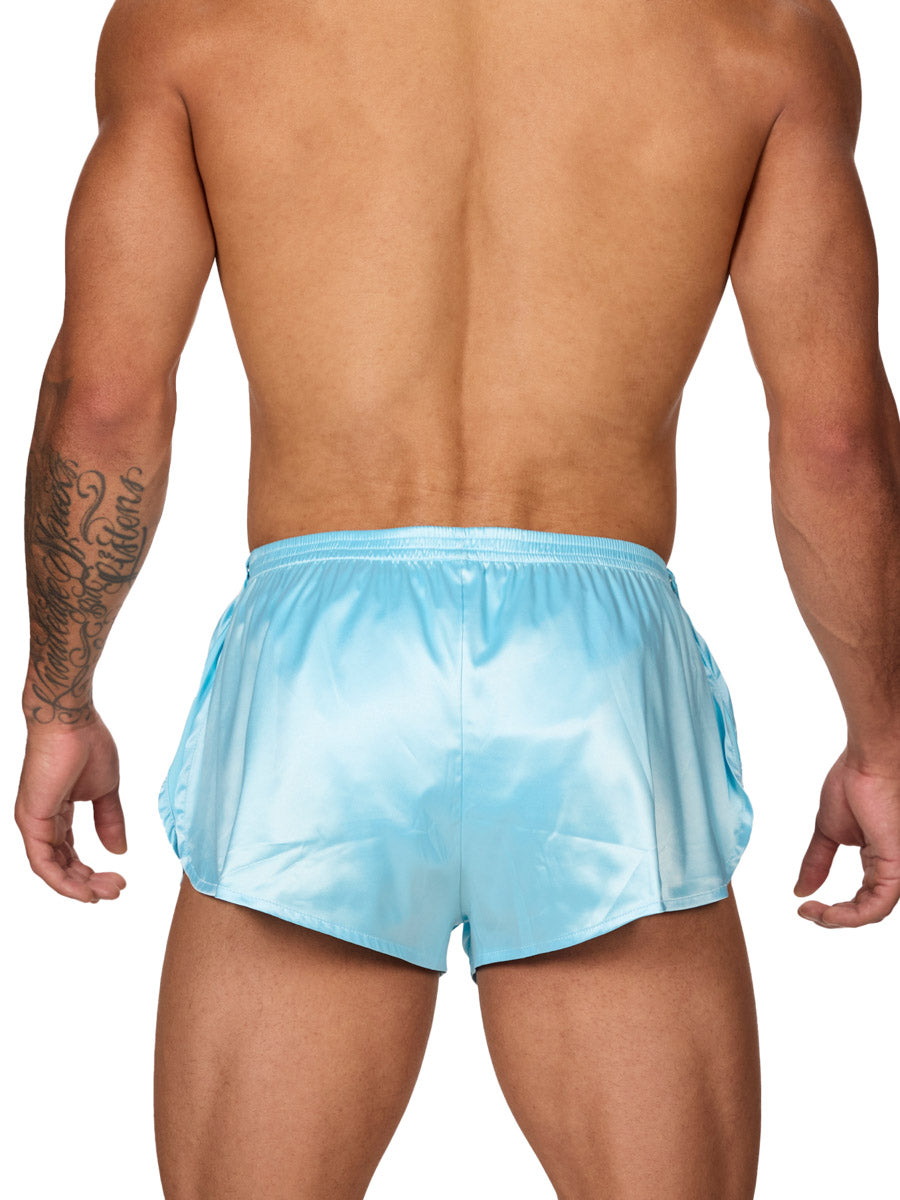 Back view of a male model wearing Body Aware sky blue men's tear away shorts