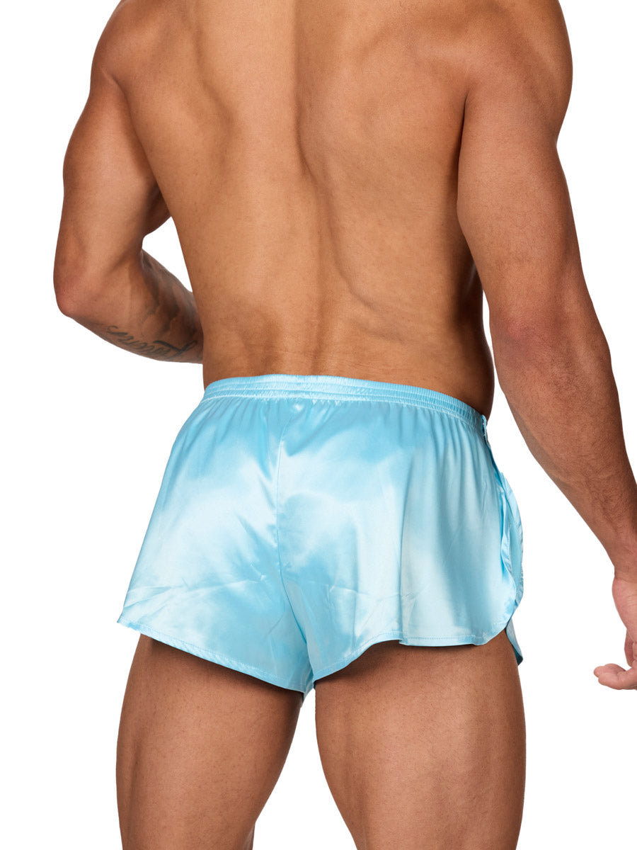 Back view of a male model wearing Body Aware sky blue men's tear away shorts