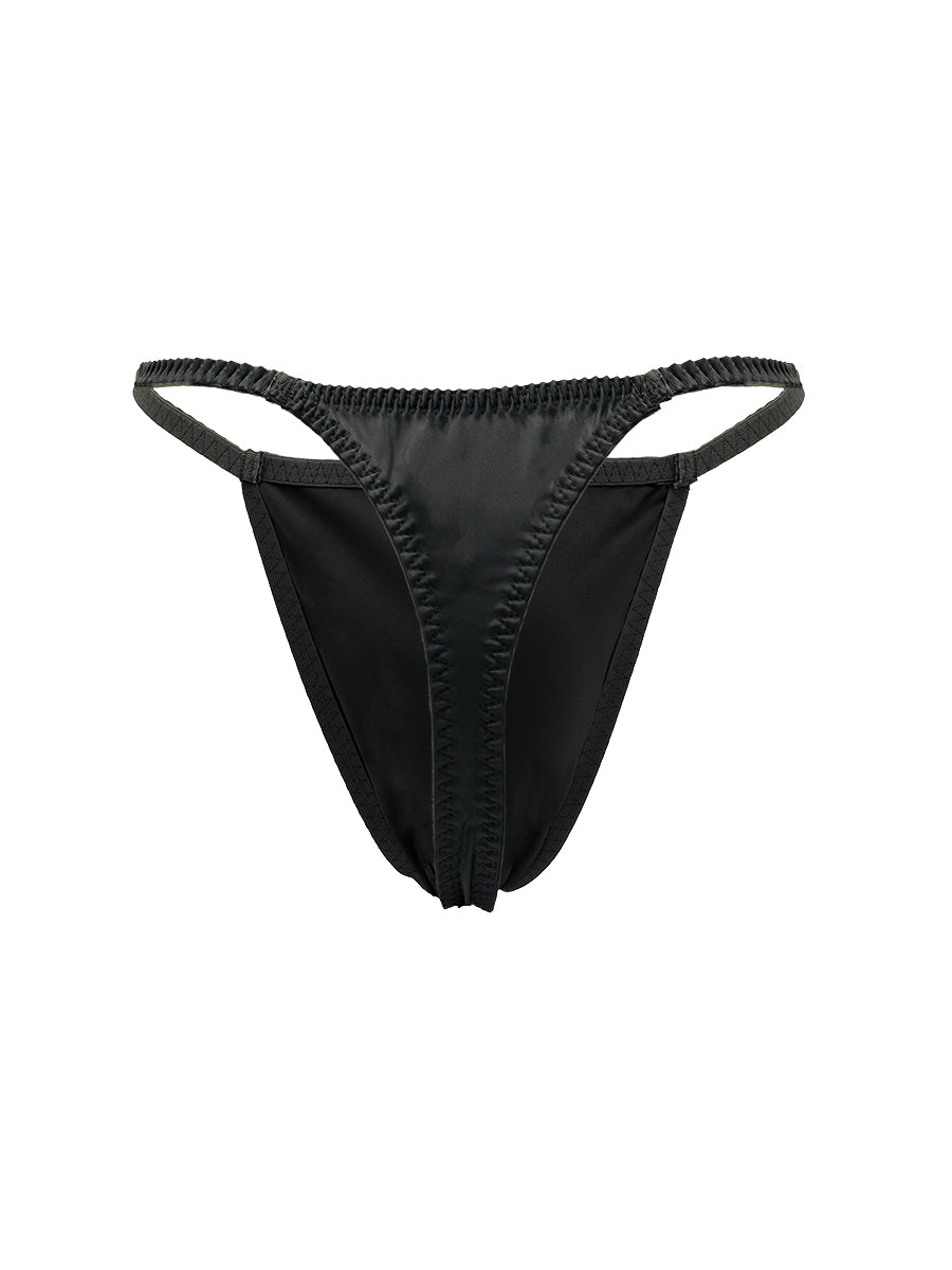 Black satin men's thong on a white background.