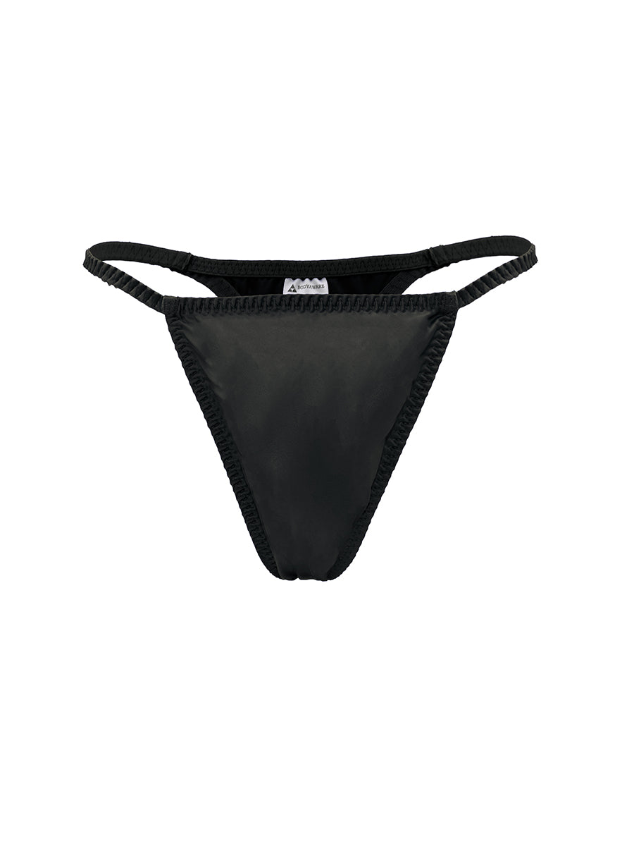 Black satin men's thong on a white background.