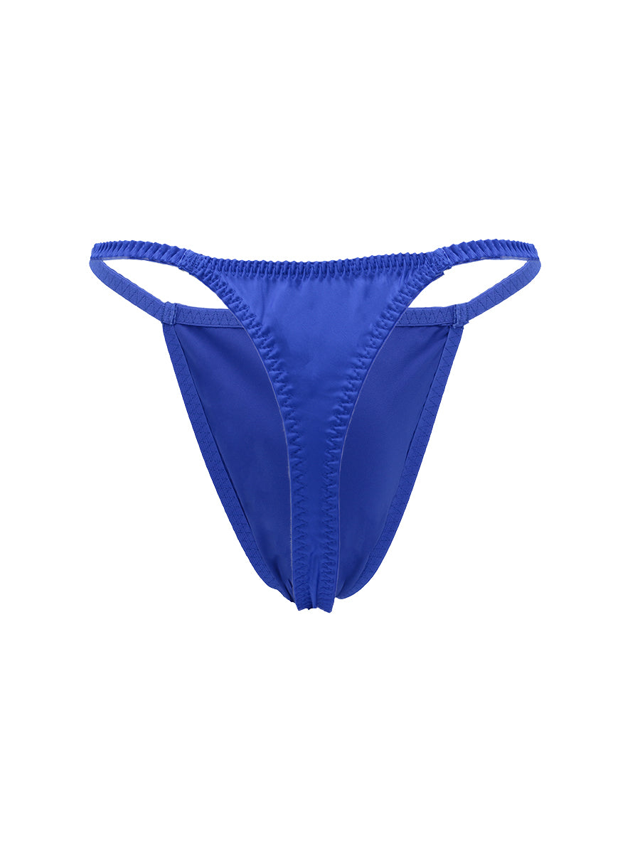 Bright blue men's satin thong on a white background.