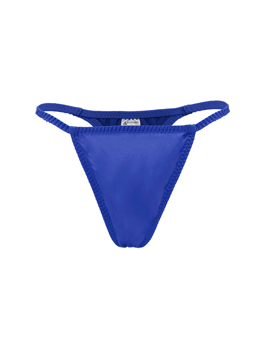 Bright blue men's satin thong on a white background.