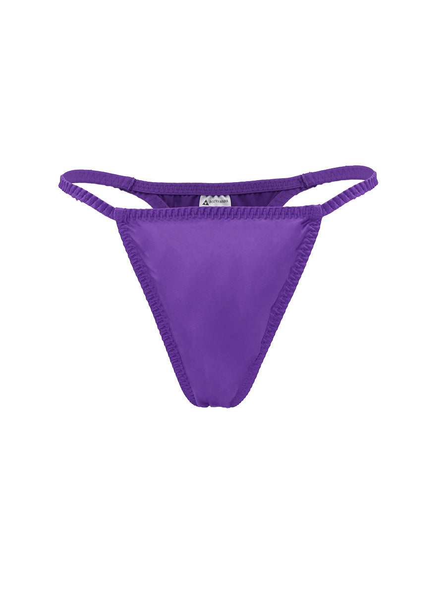 Bright purple men's satin thong on a white background.