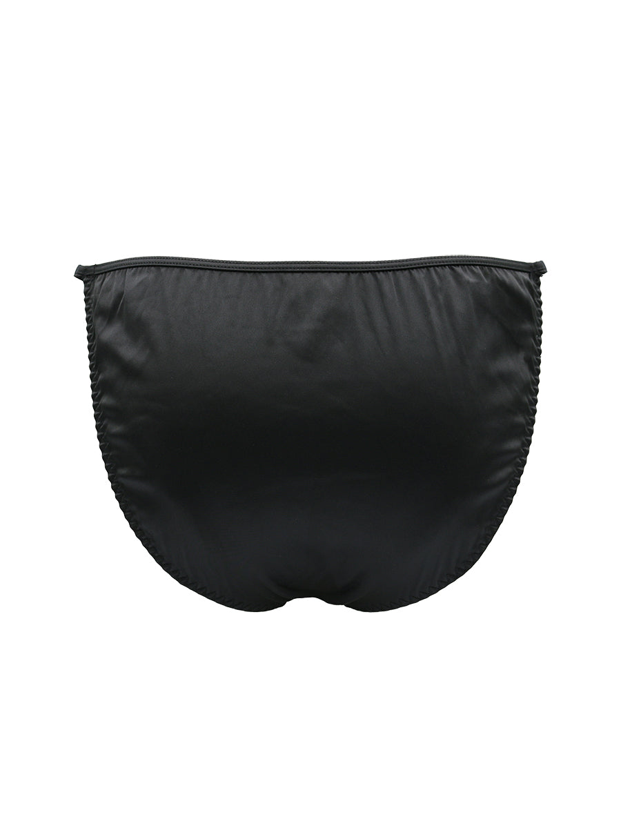 Black satin men's bikini brief on a white background.
