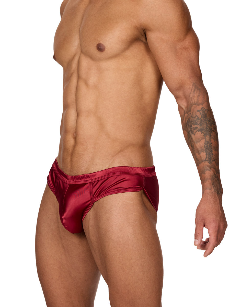 Side view of a male model wearing a Body Aware burgundy men's brief