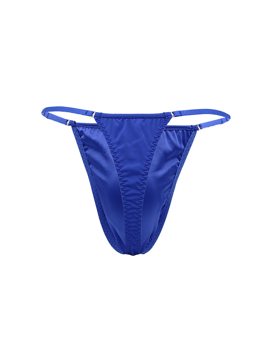 Blue satin men's thong on a white background.