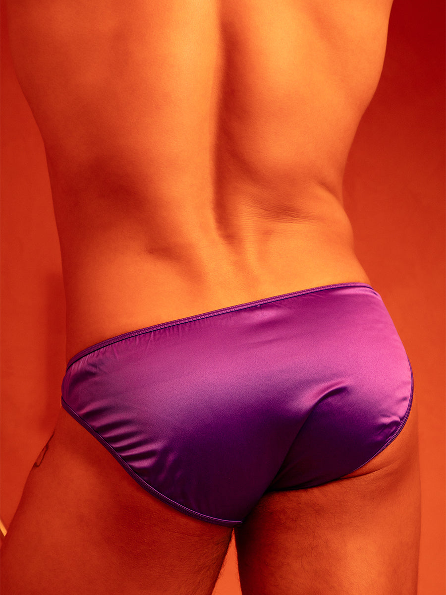 Closeup rear view of a man wearing purple satin underwear briefs.