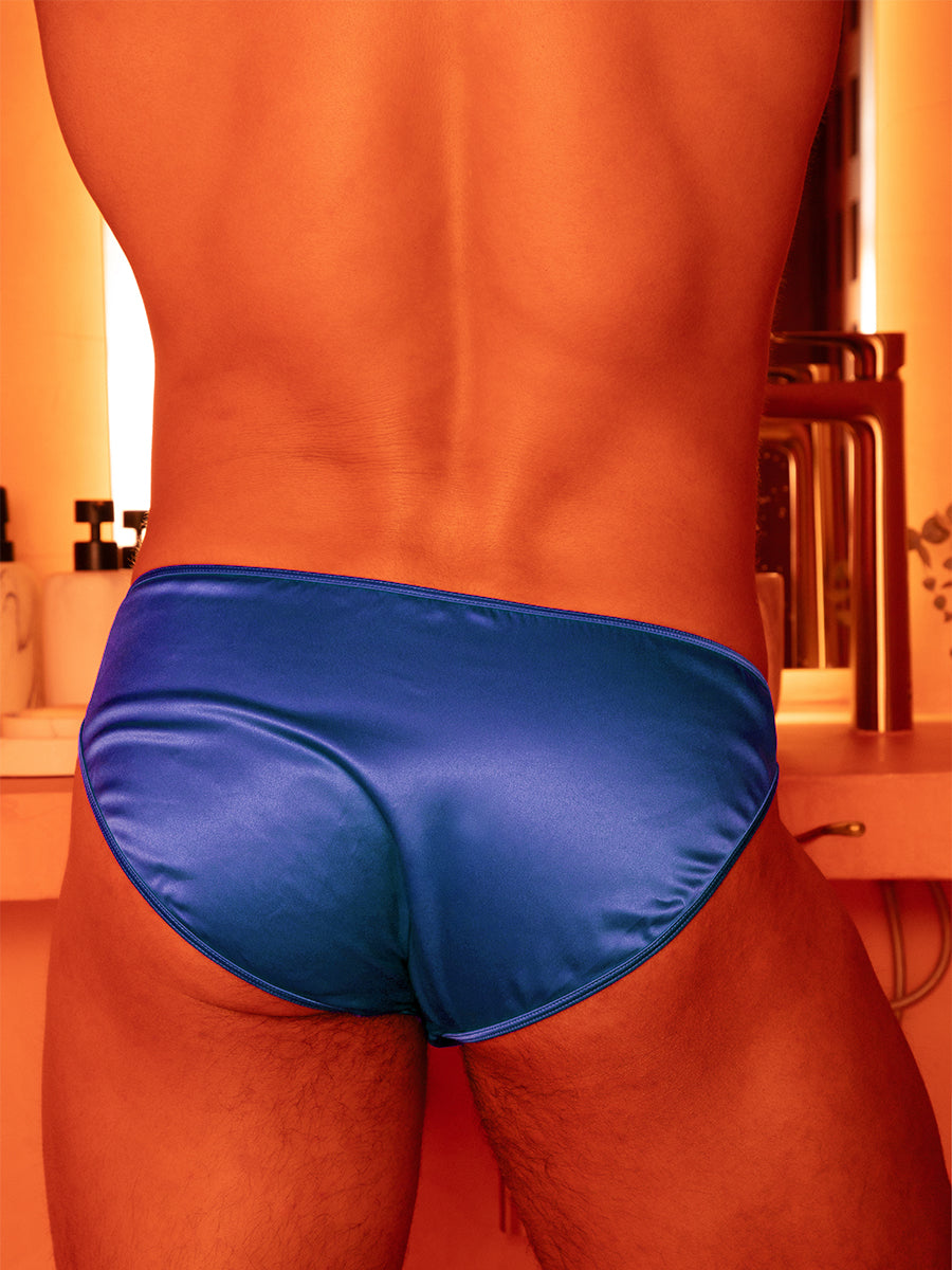 Closeup rear view of a man wearing blue satin underwear briefs.