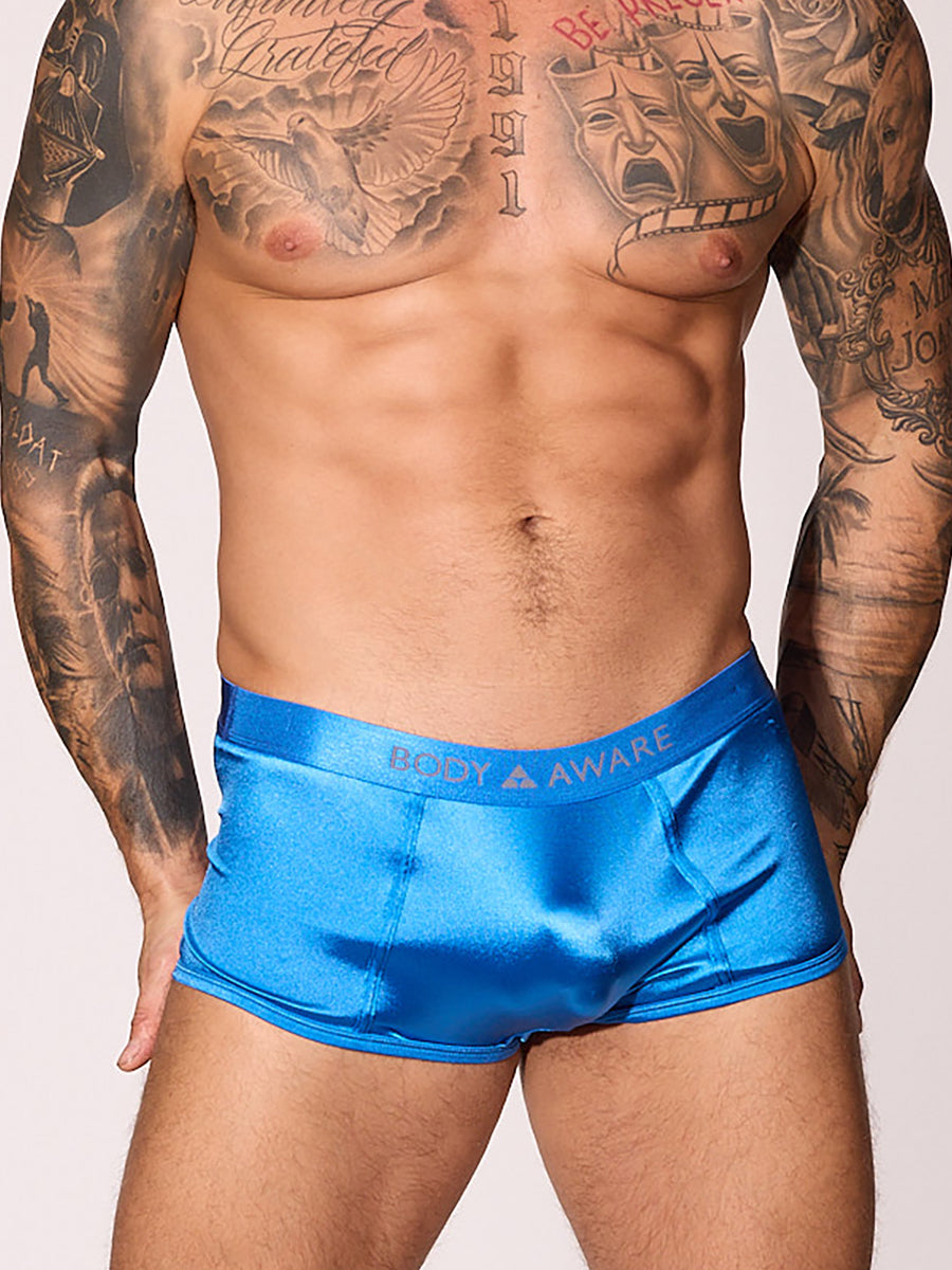 men's blue satin logo boxers - Body Aware UK