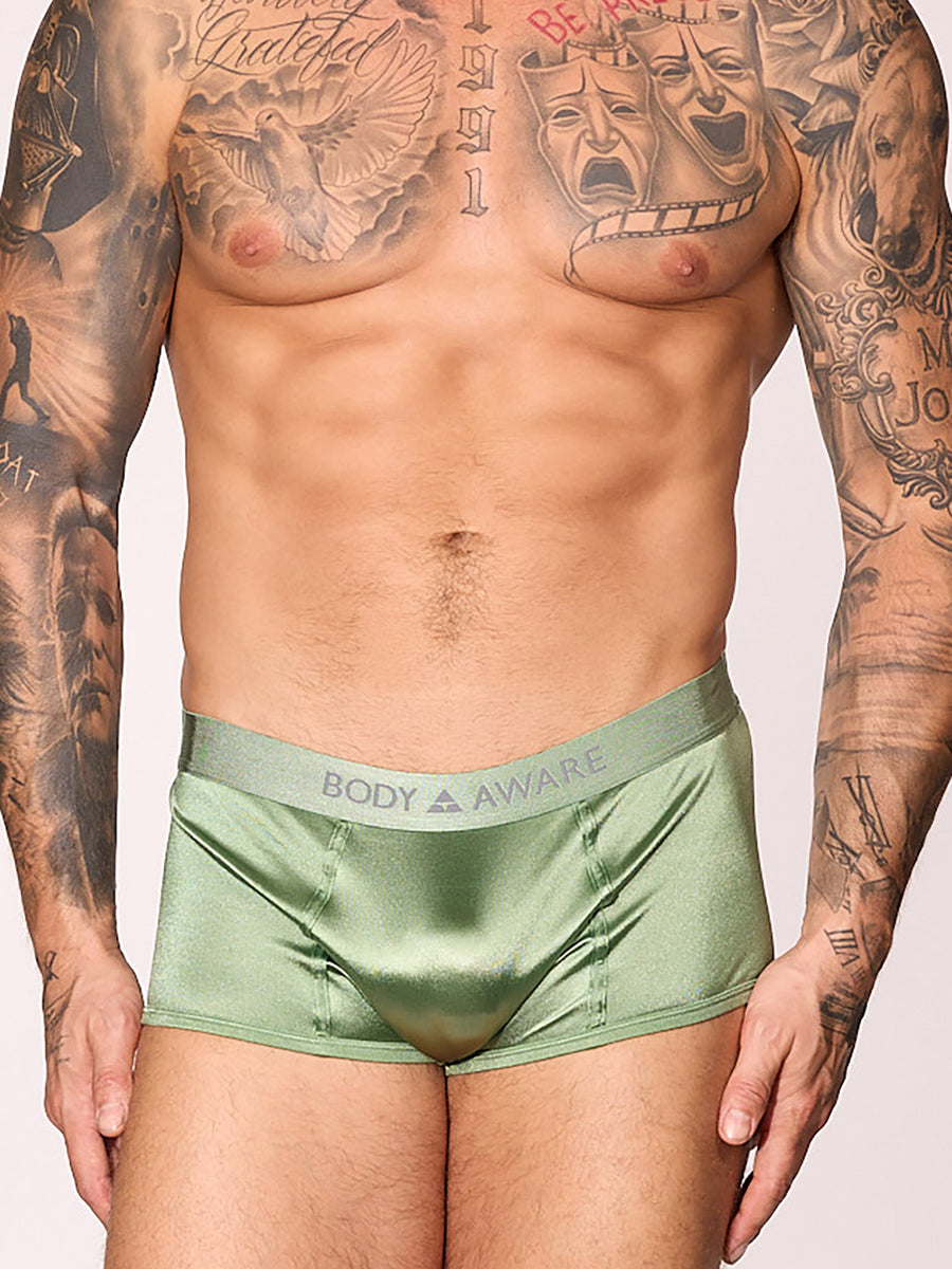 men's green satin logo boxers - Body Aware UK