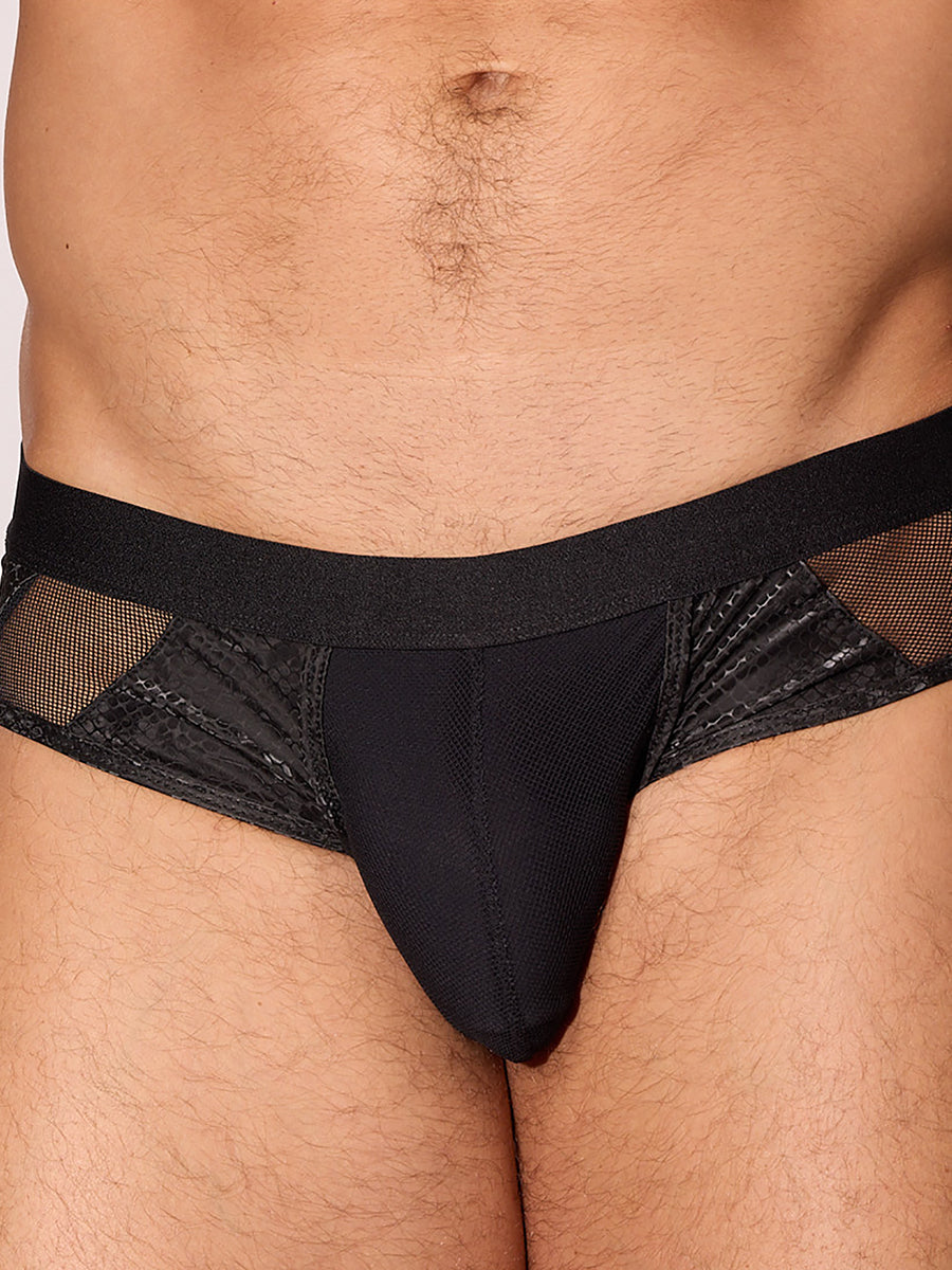 Front close view of men's nylon and mesh brief. It has mesh side panels and there is a white background Body Aware UK