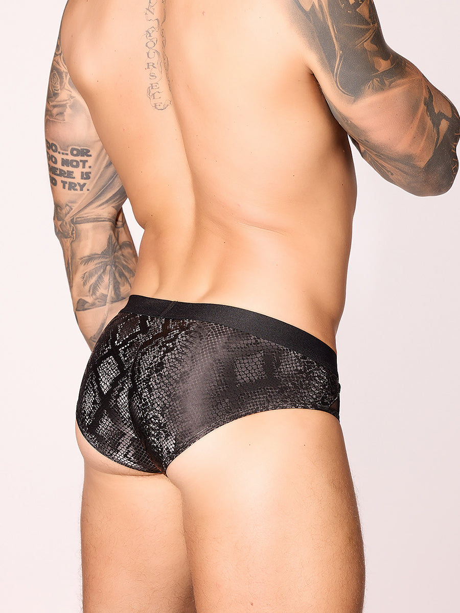 side view of men's nylon and mesh brief. It has mesh side panels and there is a white background Body Aware UK