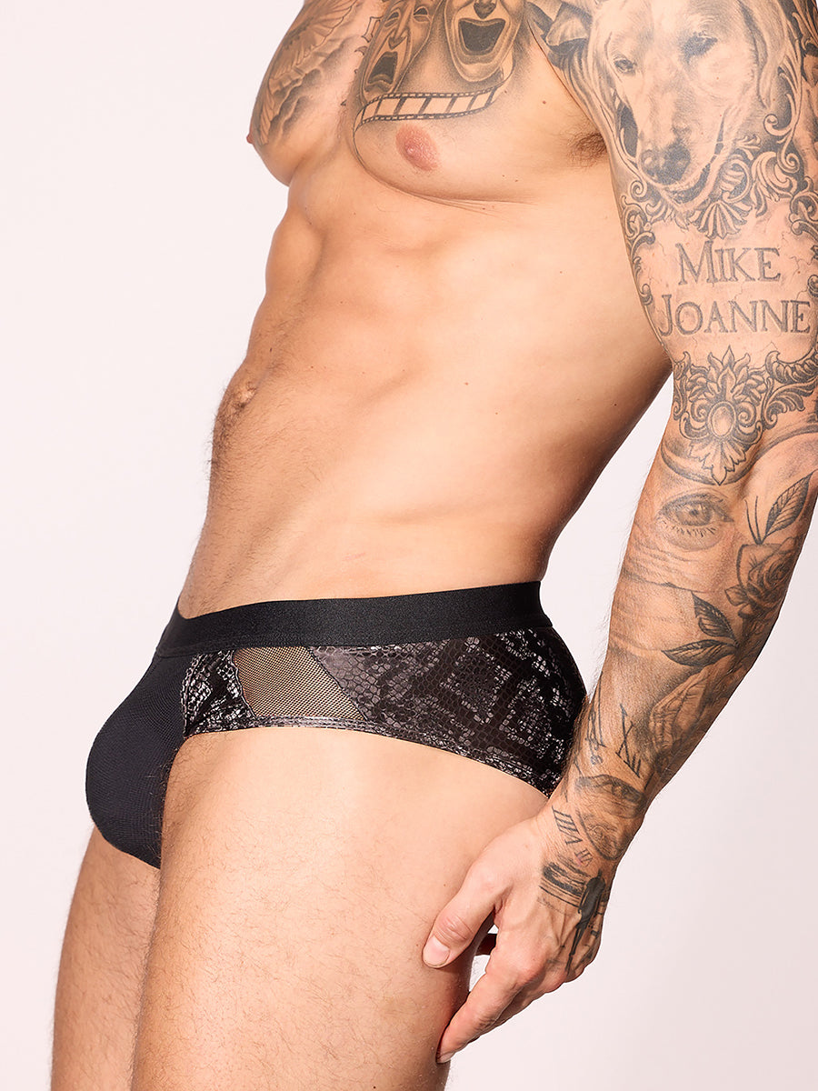 side view of men's nylon and mesh brief. It has mesh side panels and there is a white background Body Aware UK