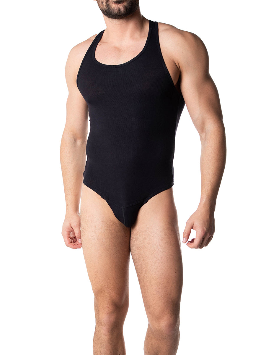 Men's black ribbed thong bodysuit - Body Aware UK