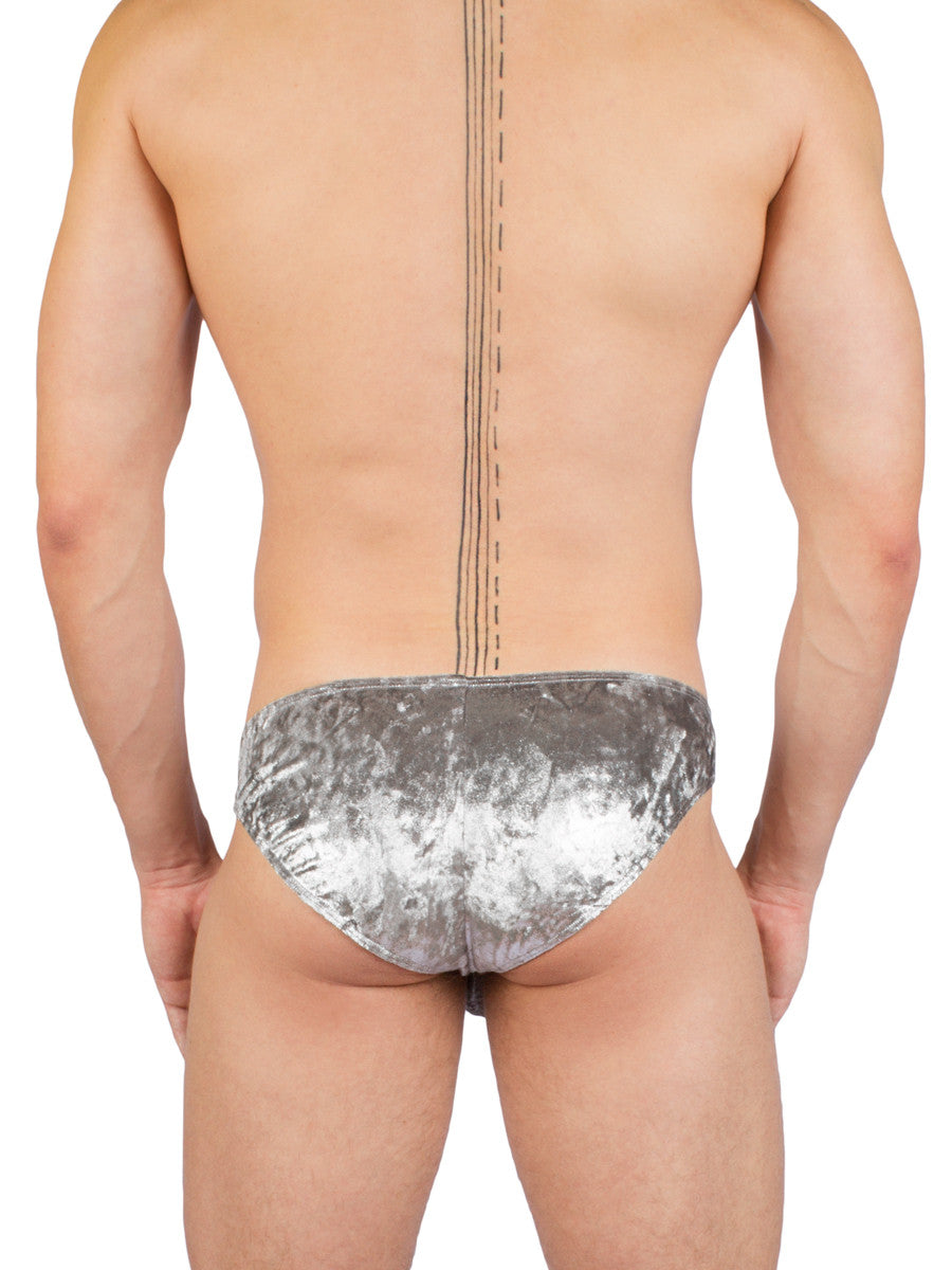 Men's silver metallic crushed velvet tanga underwear