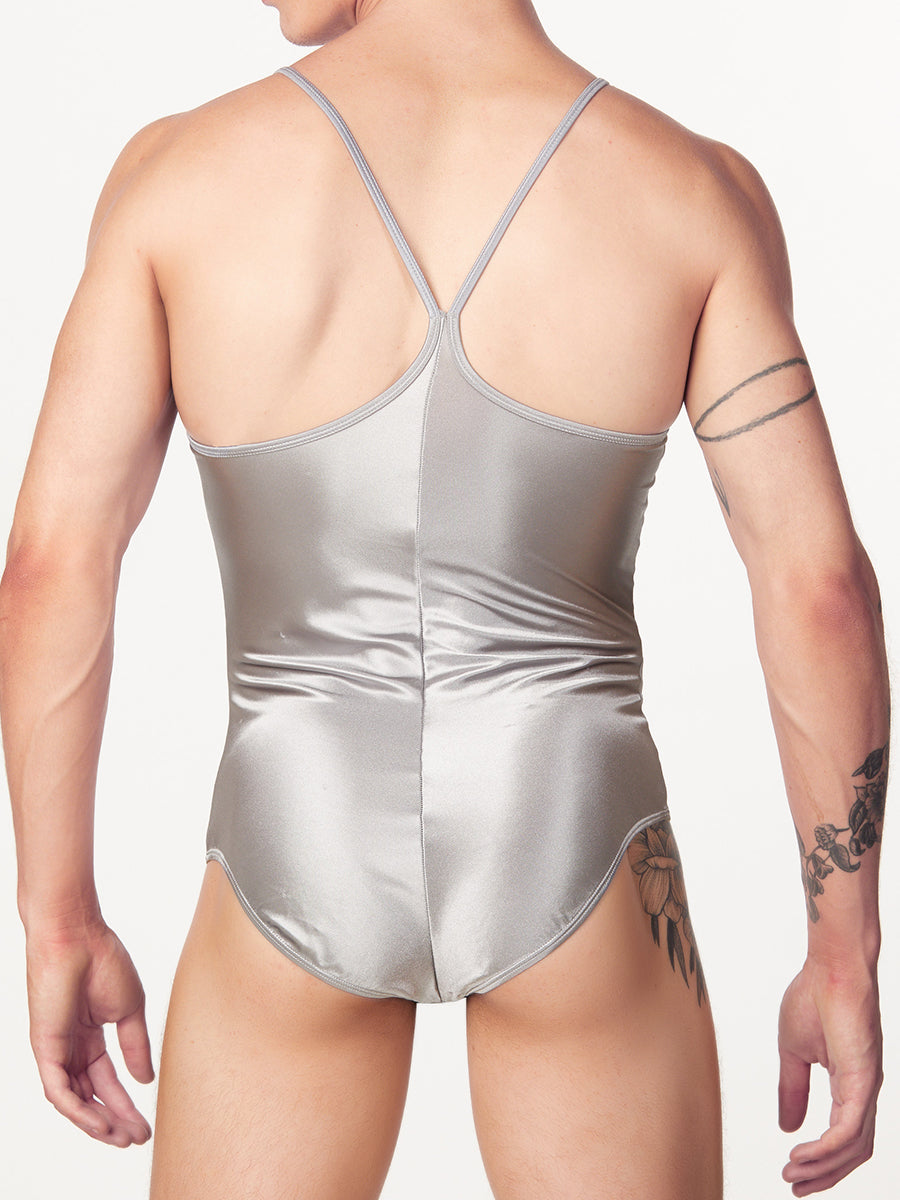 men's silver satin bodysuit