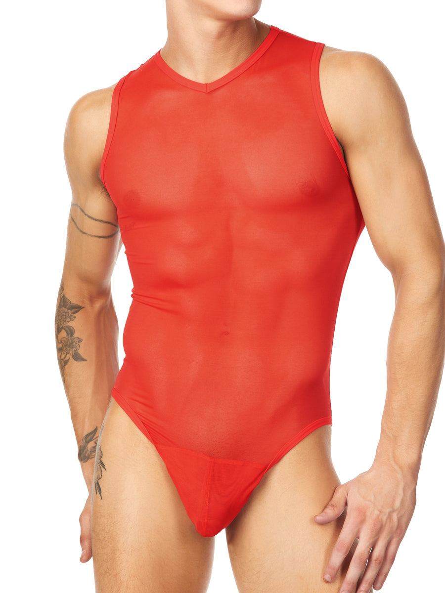 men's red mesh v-neck bodysuit