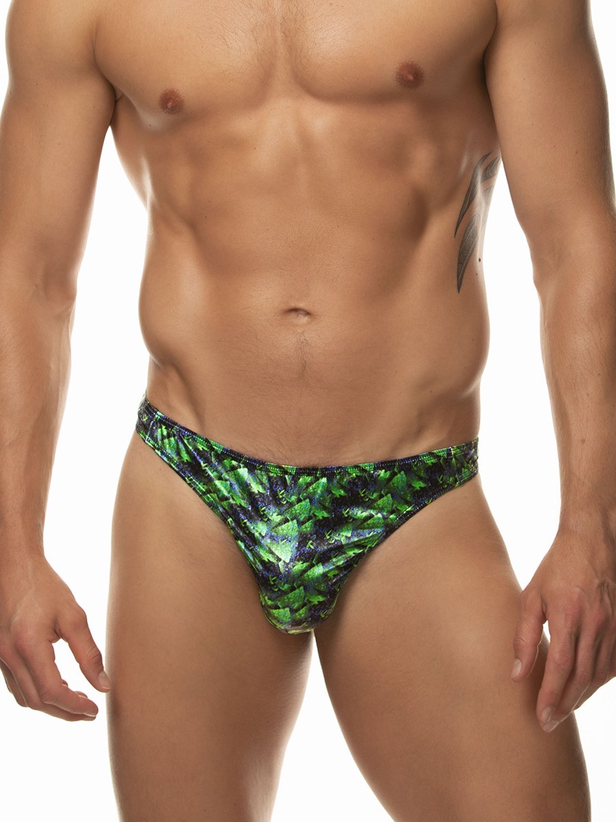 Men's green satin print thong