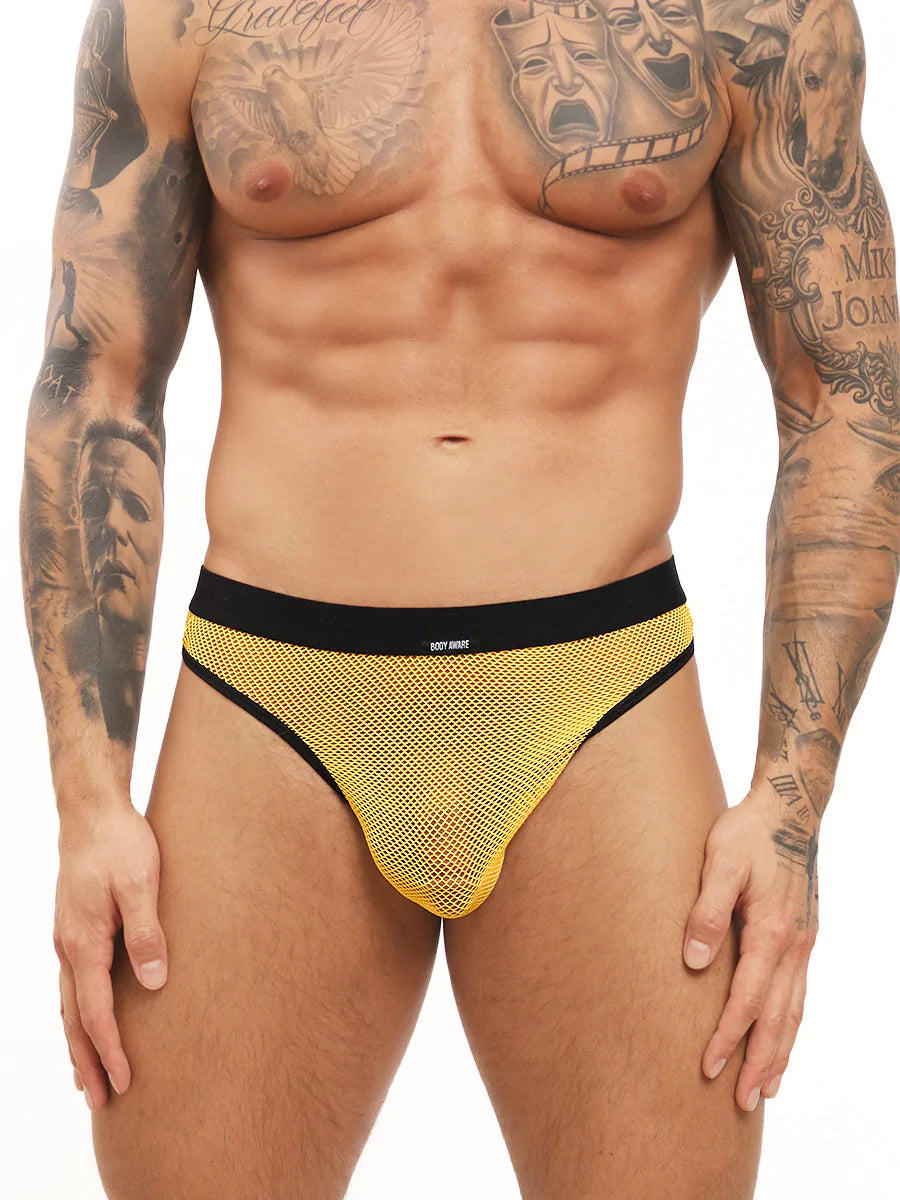 men's yellow fishnet thong - Body Aware